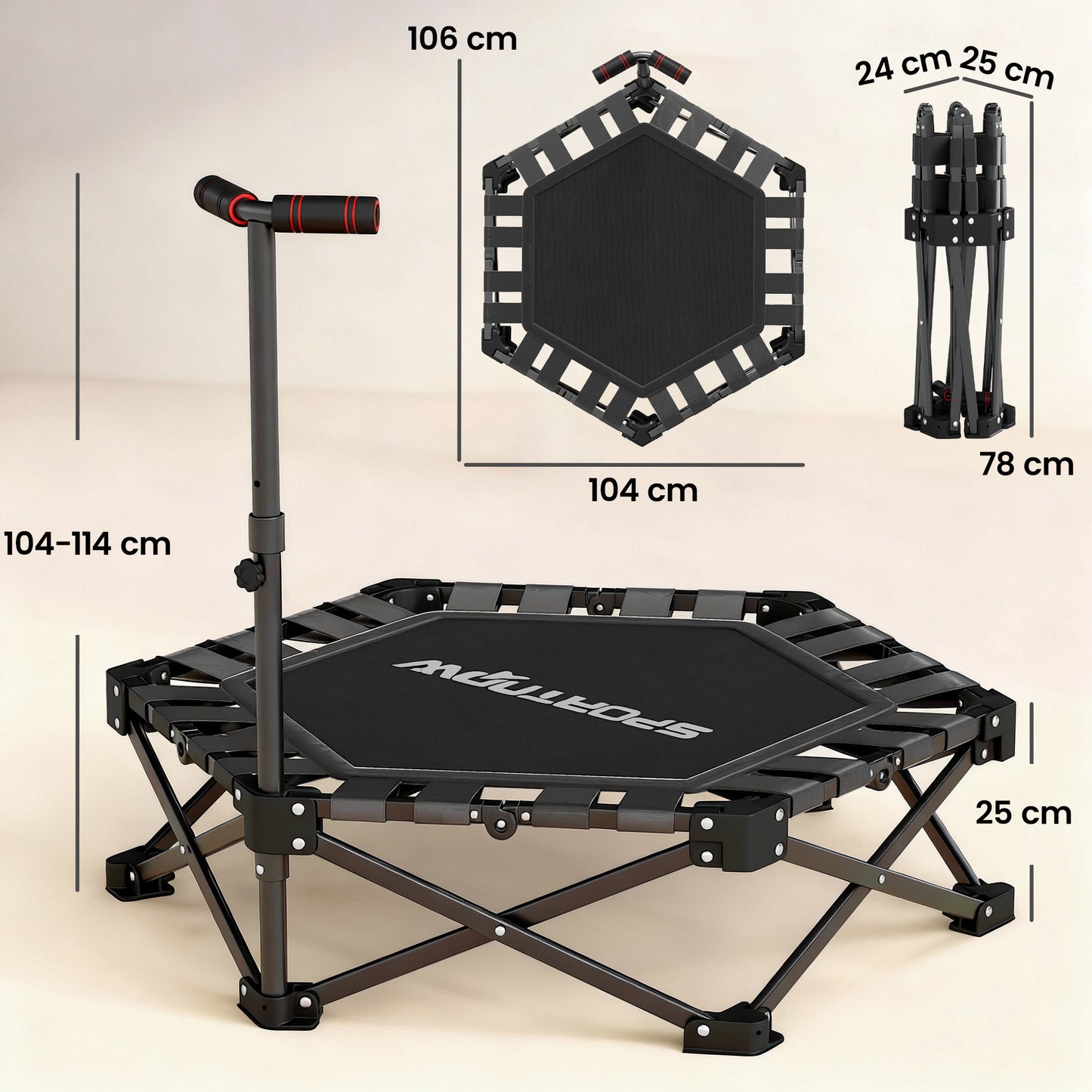 SPORTNOW 42" Foldable Mini Trampoline, One-Step Fold & Open, Rebounder Trampoline with 3-Level Adjustable Handle for Adults