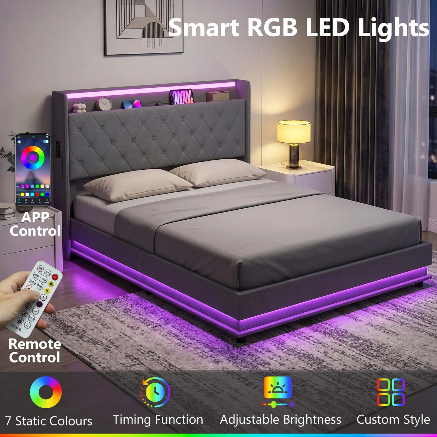 HOMCOM 5ft King Bed Frame with Headboard, Platform Bed Frame with Hydraulic Storage, LED Lights and Charging Station, Grey