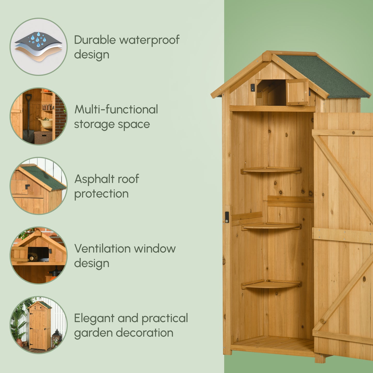 Outsunny Garden Shed Wood Outdoor Garden Tool Storage Unit with 3 Detachable Shelves, 77 x 54.2 x 179cm,  Brown
