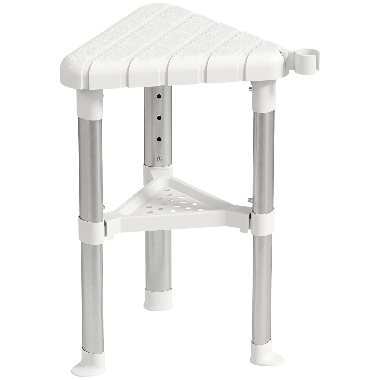 HOMCOM Shower Stool, Aluminium Alloy Corner Shower Chair with Storage Shelf and HDPE Seat, Adjustable Height, White