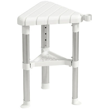 HOMCOM Shower Stool, Aluminium Alloy Corner Shower Chair with Storage Shelf and HDPE Seat, Adjustable Height, White