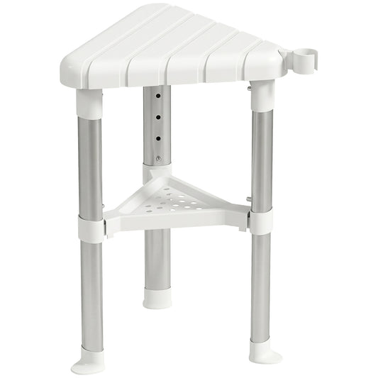 HOMCOM Shower Stool, Aluminium Alloy Corner Shower Chair with Storage Shelf and HDPE Seat, Adjustable Height, White