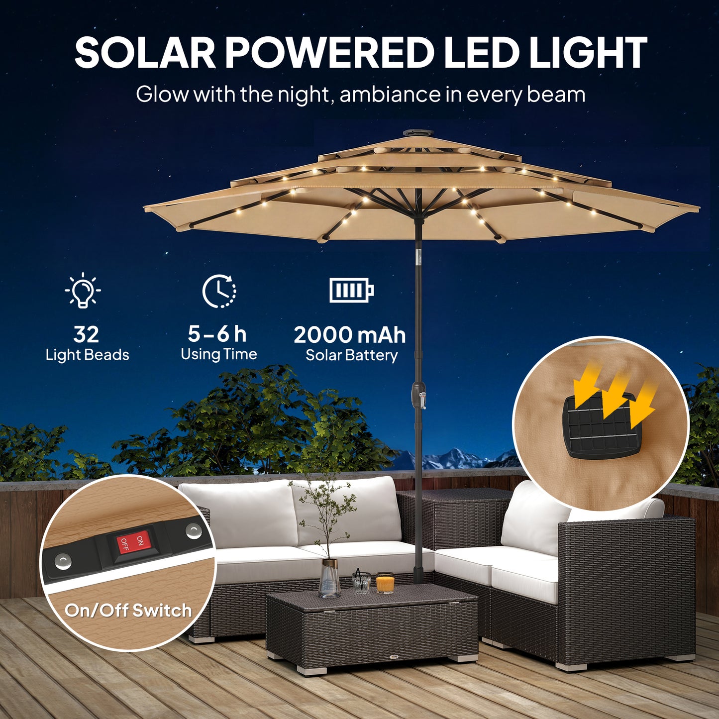 Outsunny 2.8 m Garden Parasol Umbrella with LED Solar Light, Parasol Cover, 3 Tier Outdoor Table Market Patio Umbrella, Khaki