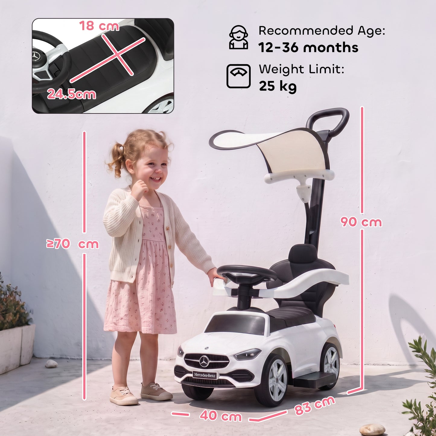 AIYAPLAY 3 in 1 Licensed Benz Ride on Push Car with Handle, Canopy, Guardrails, Horn, Music, Storage for 12-36 Months, White