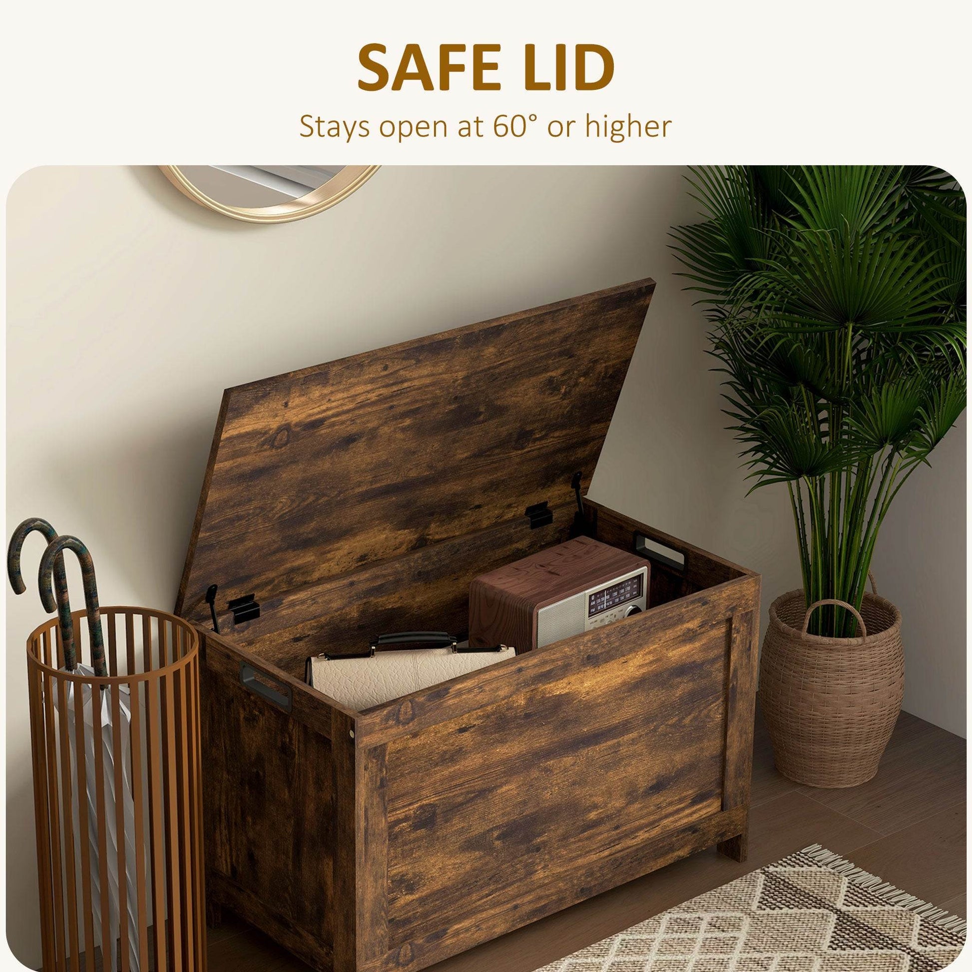 HOMCOM Storage Chest, Modern Storage Trunk with 2 Safety Hinges and Cut-out Handles, Wooden Toy Box for Living Room, Entryway, 76 x 40 x 48 cm, Rustic Brown