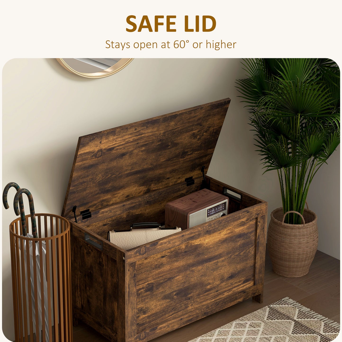 HOMCOM Storage Chest, Modern Storage Trunk with 2 Safety Hinges and Cut-out Handles, Wooden Toy Box for Living Room, Entryway, 76 x 40 x 48 cm, Rustic Brown