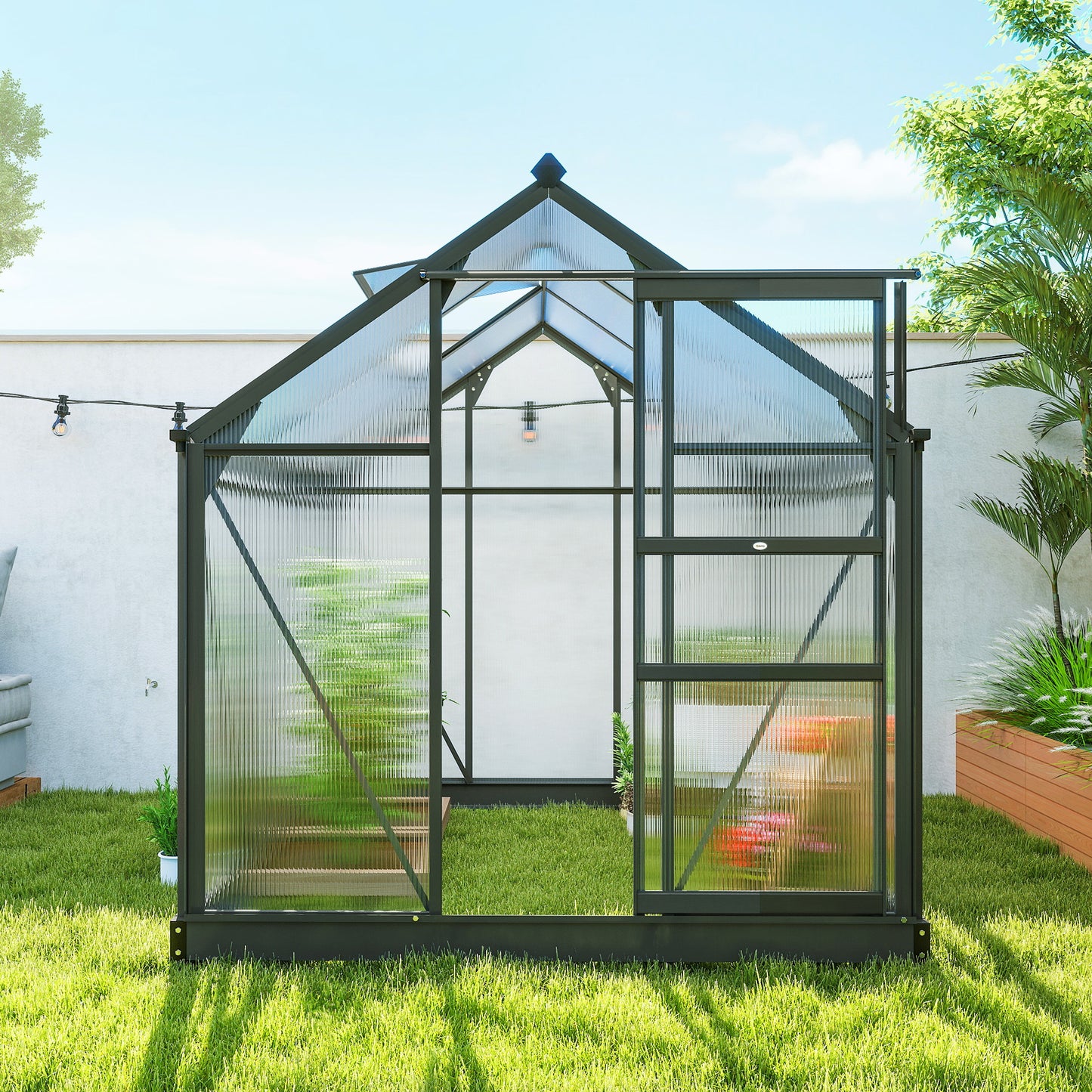 Outsunny 6 x 6ft Polycarbonate Greenhouse, Large Walk in Green House with Slide Door and Window, Garden Plants Grow House with Aluminium Frame and Foundation, Grey