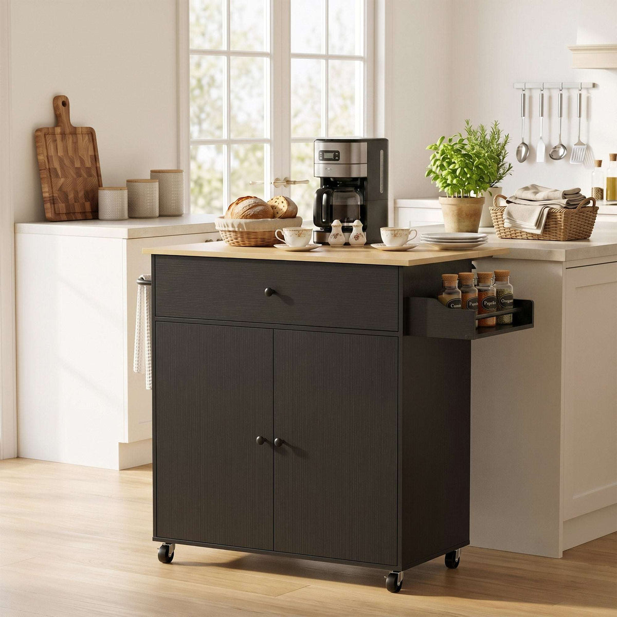 HOMCOM Kitchen Island with Drop Leaf, Rolling Kitchen Storage Trolley on Wheels with Drawer, Spice Rack and Towel Rack, Black