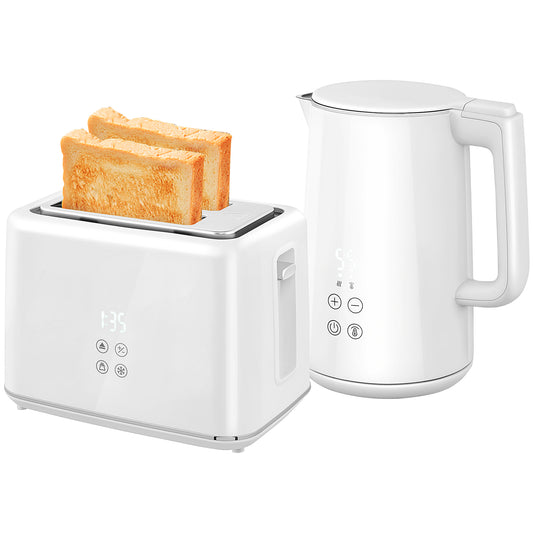 HOMCOM Polished Stainless Steel Kettle and Toaster Set - White