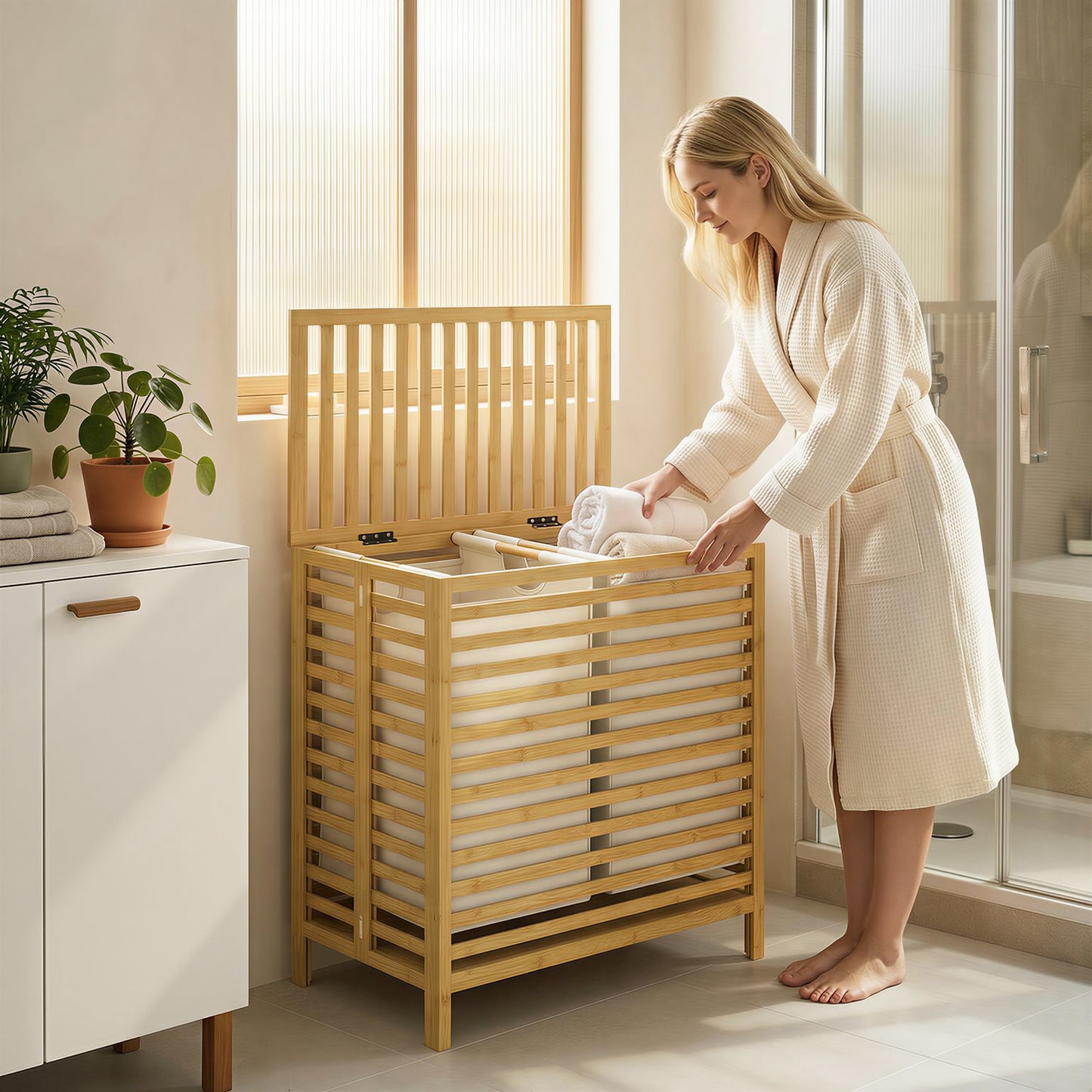 HOMCOM Bamboo Laundry Basket with Lid, 2 Baskets, Foldable, 64L, Natural and Cream White