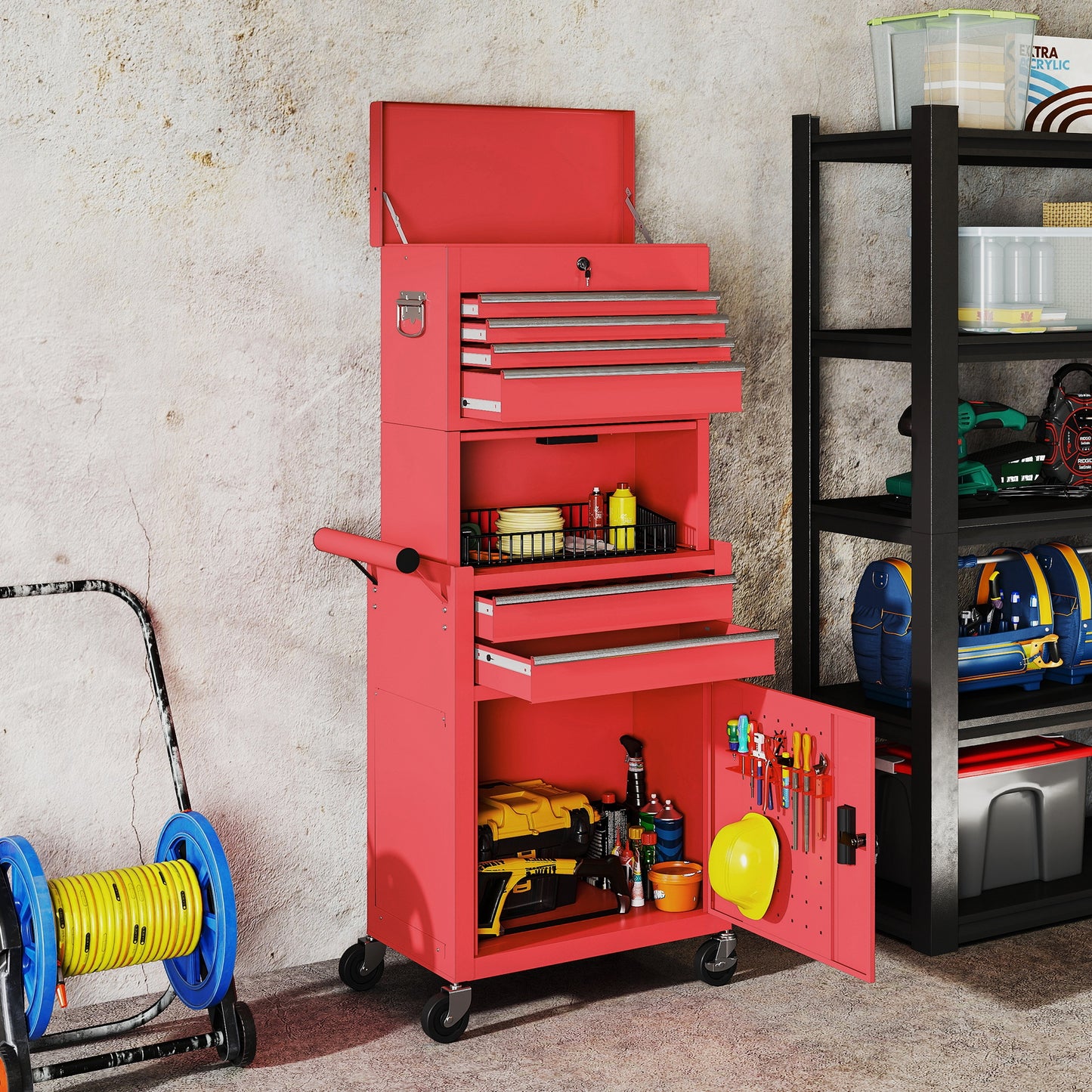 HOMCOM Three-Part Steel Locking Tool Chest - Red-Rolling Cabinets & Chests-ChewyGames-ChewyGames