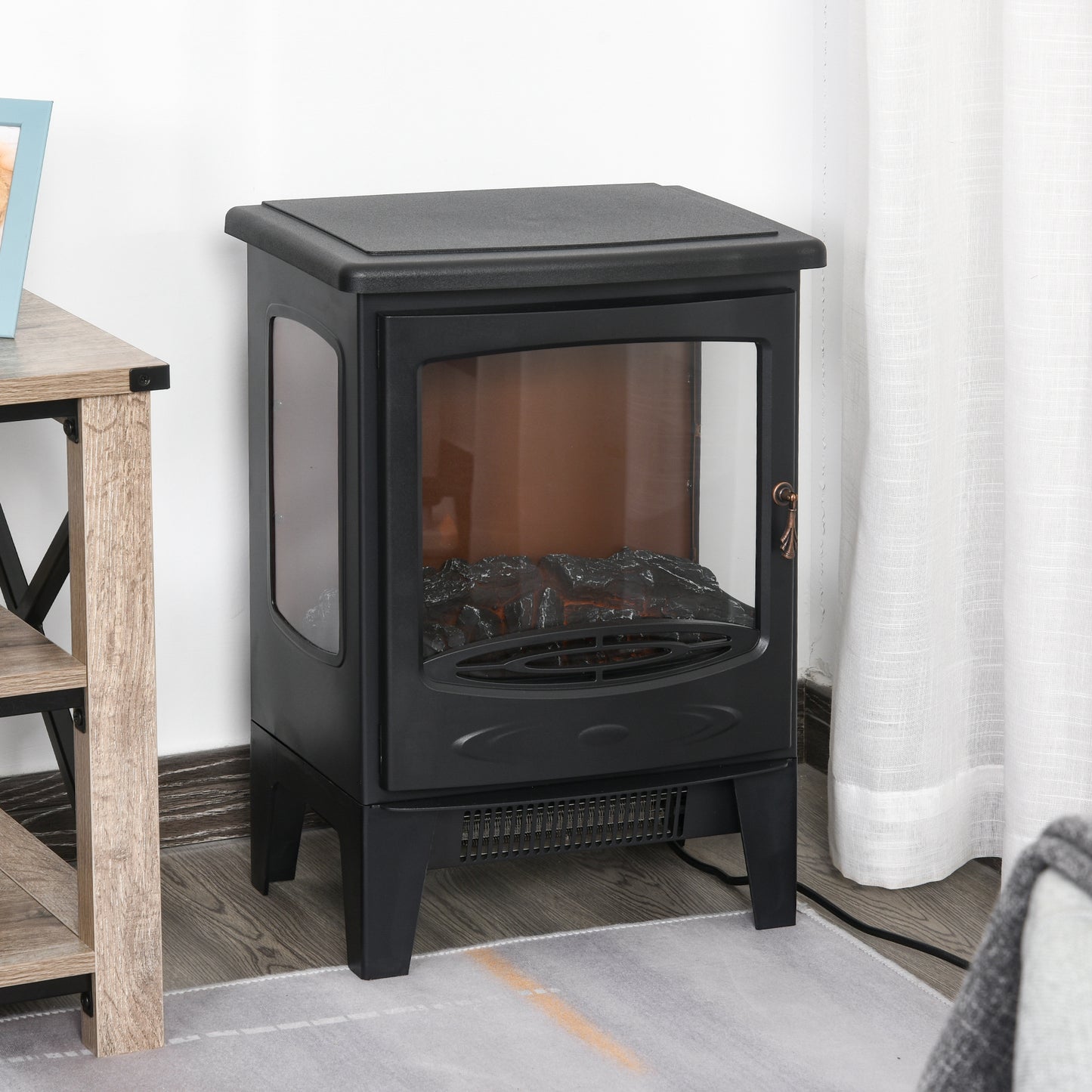 HOMCOM 900W/1800W Freestanding Electric Fireplace Room Heater w/ Adjustable Artificial Flame 3-Sided Tempered Glass Panels Safe Home Warmth Retro Faux Fire