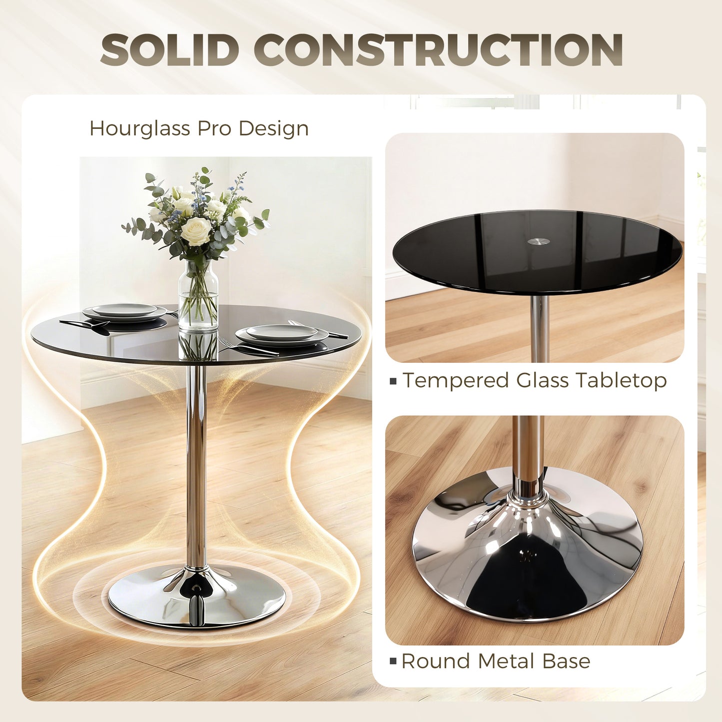 HOMCOM Round Bar Table, Modern Dining Table with Tempered Glass Top and Steel Frame for 4, 80 x 80 x 77cm, Black