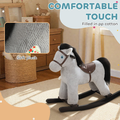 AIYAPLAY Baby Rocking Horse, Plush Ride on Toy with Handle Grip, Sound and Doll, Toddler Animal Rocker for Kids Aged 2-5, Grey