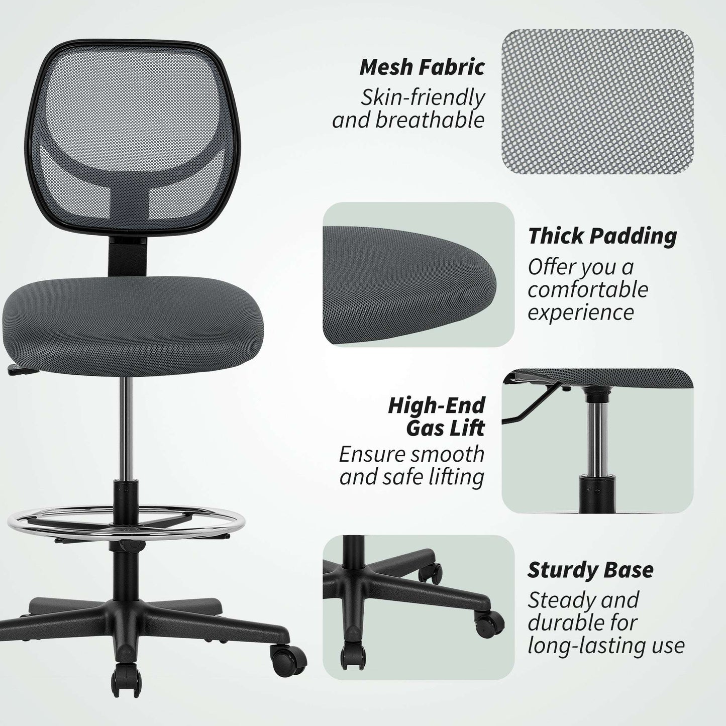 Vinsetto Ergonomic Mesh Standing Desk Chair with Adjustable Footrest Ring and Seat Height Charcoal Grey