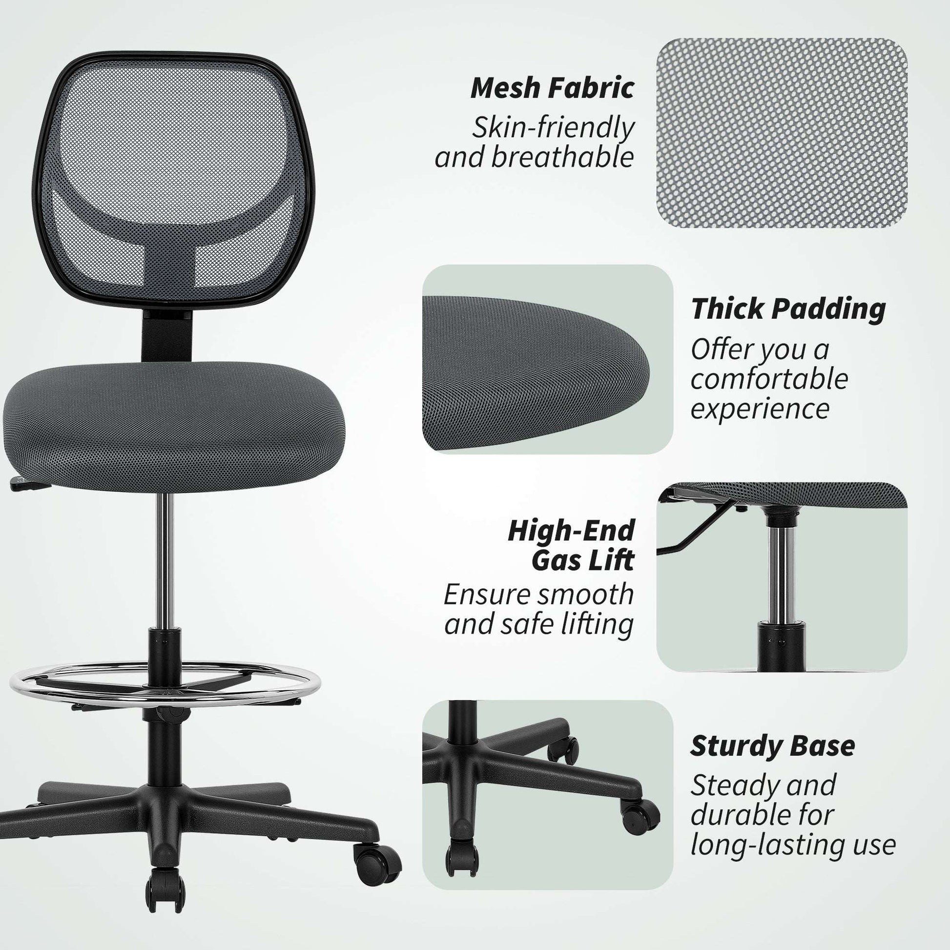 Vinsetto Ergonomic Mesh Standing Desk Chair with Adjustable Footrest Ring and Seat Height Charcoal Grey