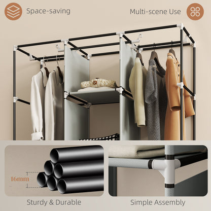 HOMCOM Foldable Fabric Wardrobe for Bedroom, Portable Wardrobe with 5 Shelves, 2 Hanging Rails and 3 Fabric Drawers, Light Grey