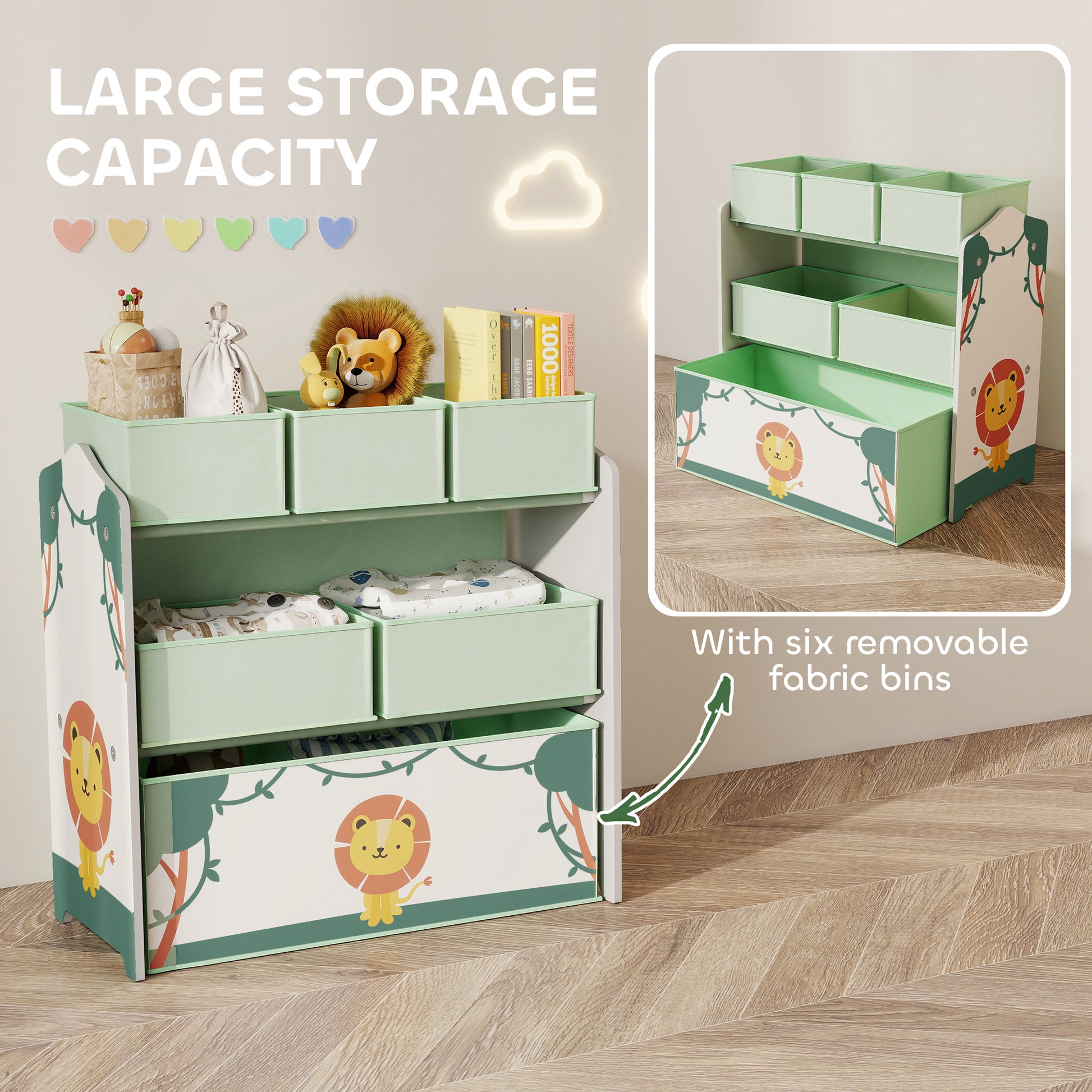 AIYAPLAY Kids Toy Storage Units, 3-Tier Toy Organiser Shelf with 6 Removable Boxes for Kids, Bedroom, Playroom, Green--ChewyGames-ChewyGames