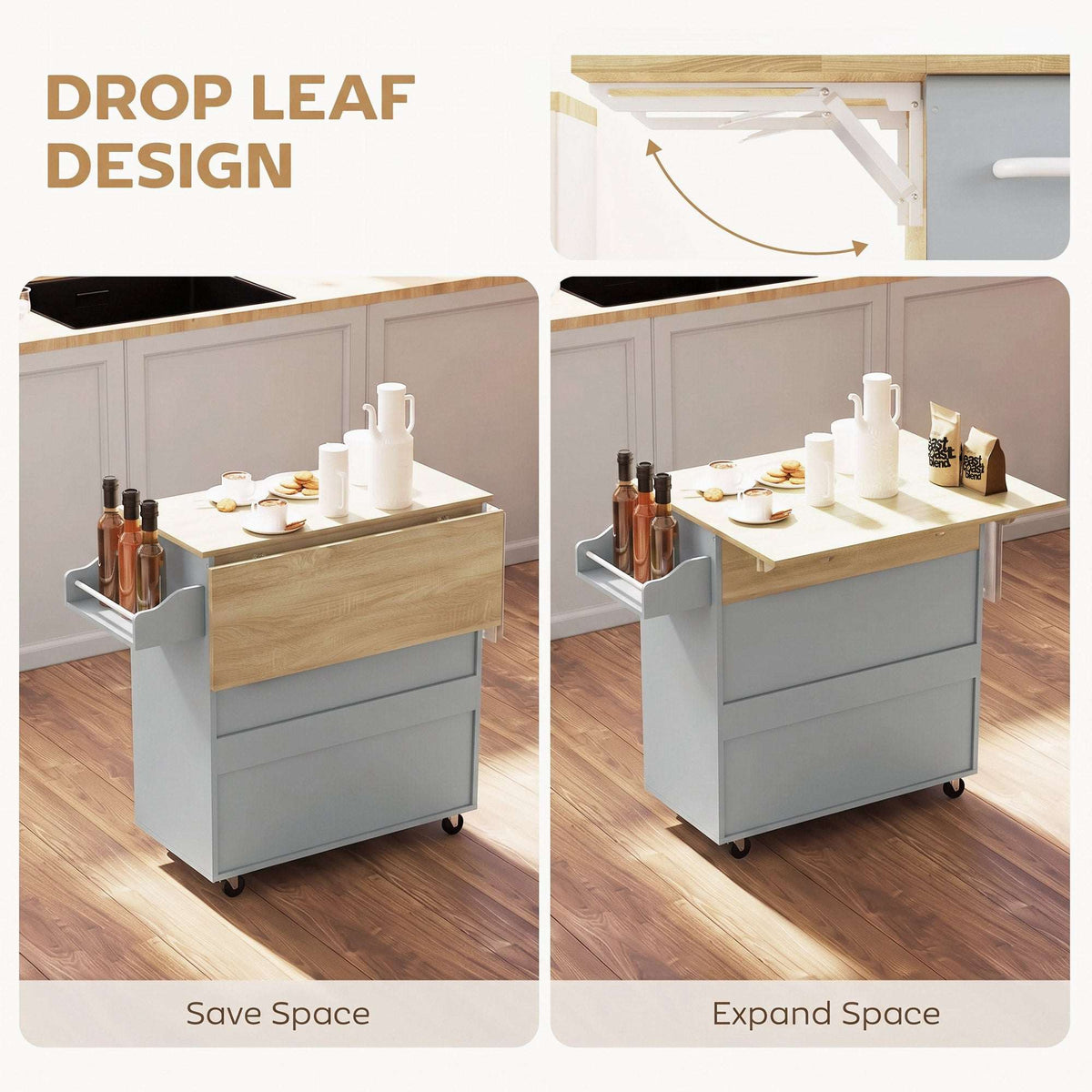 HOMCOM Kitchen Island with Drop Leaf, Rolling Kitchen Storage Trolley on Wheels with Drawer, Spice Rack and Towel Rack, Grey