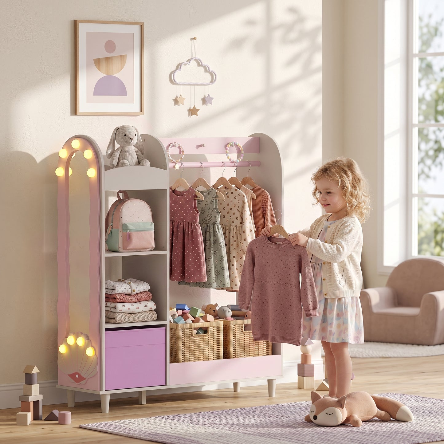 AIYAPLAY Kids Clothing Rack, Kids Wardrobe with Glowing Lights Mirror, Non-Woven Drawer and Shelves for Bedroom, Ages 3-8, Pink