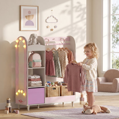 AIYAPLAY Kids Clothing Rack, Kids Wardrobe with Glowing Lights Mirror, Non-Woven Drawer and Shelves for Bedroom, Ages 3-8, Pink