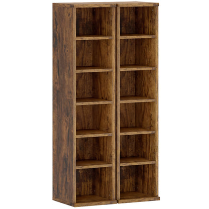 HOMCOM Set of 2 CD Media Display Shelf Unit Tower Rack with Adjustable Shelves, Rustic Brown