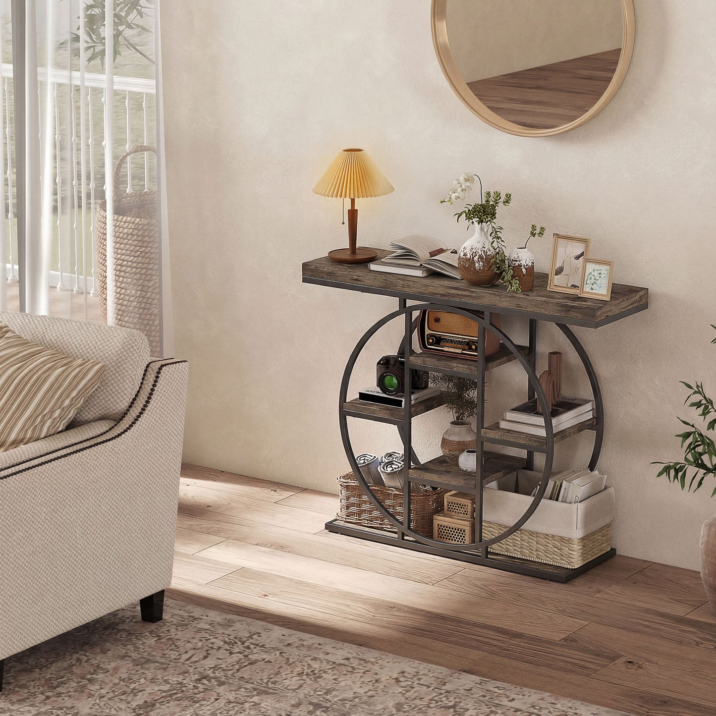 HOMCOM Industrial Console Table with Storage Shelves - Rustic Brown