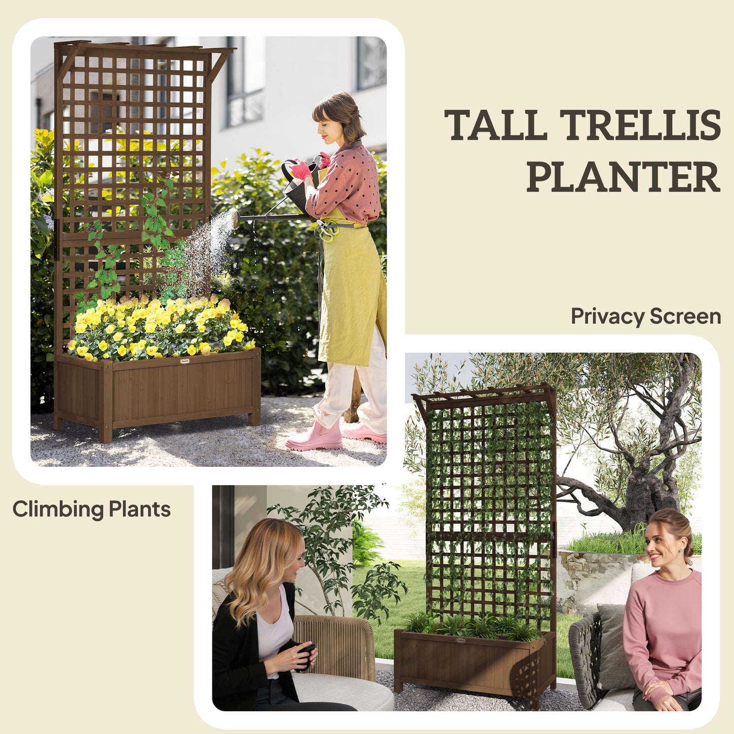 Outsunny Raised Bed with Drainage Holes, Wood Planter with Trellis for Climbing Plants to Grow Vegetables, Flowers, Brown