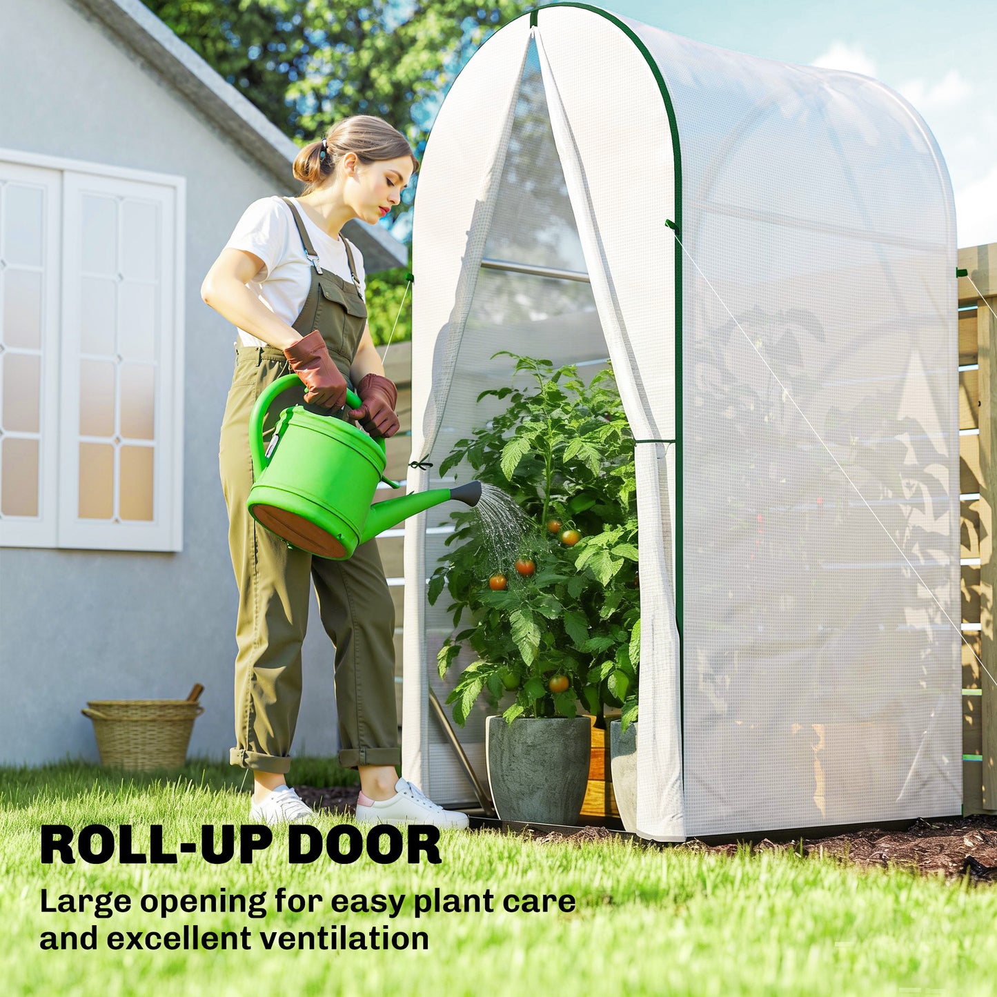 Outsunny Mini Greenhouse, Portable Green House with Roll-Up Door, PE Base, Small Greenhouse, 100 x 100 x 195 cm, White