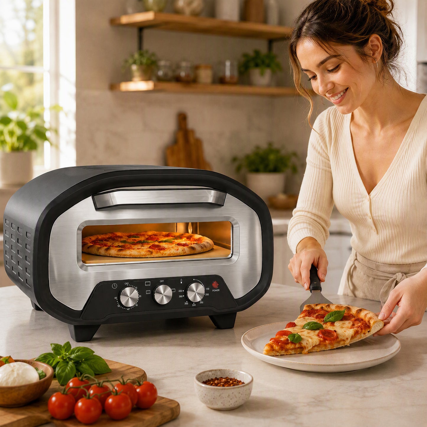 HOMCOM Electric Pizza Oven, Pizza Maker with 3 Knob Control and Ceramic Stone, Viewing Window, 2200W