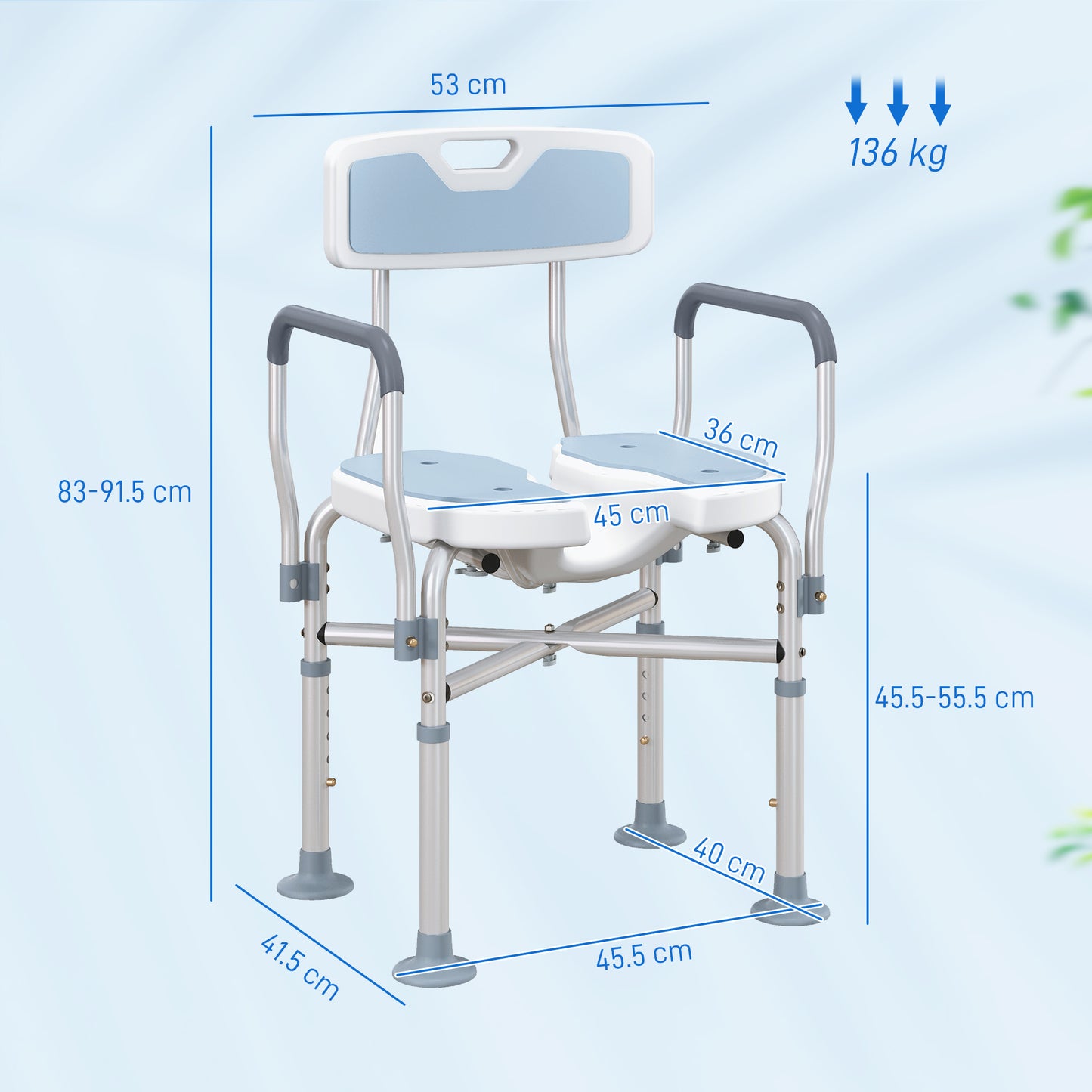 HOMCOM Aluminium Shower Chair, with Padded Seat - Light Blue