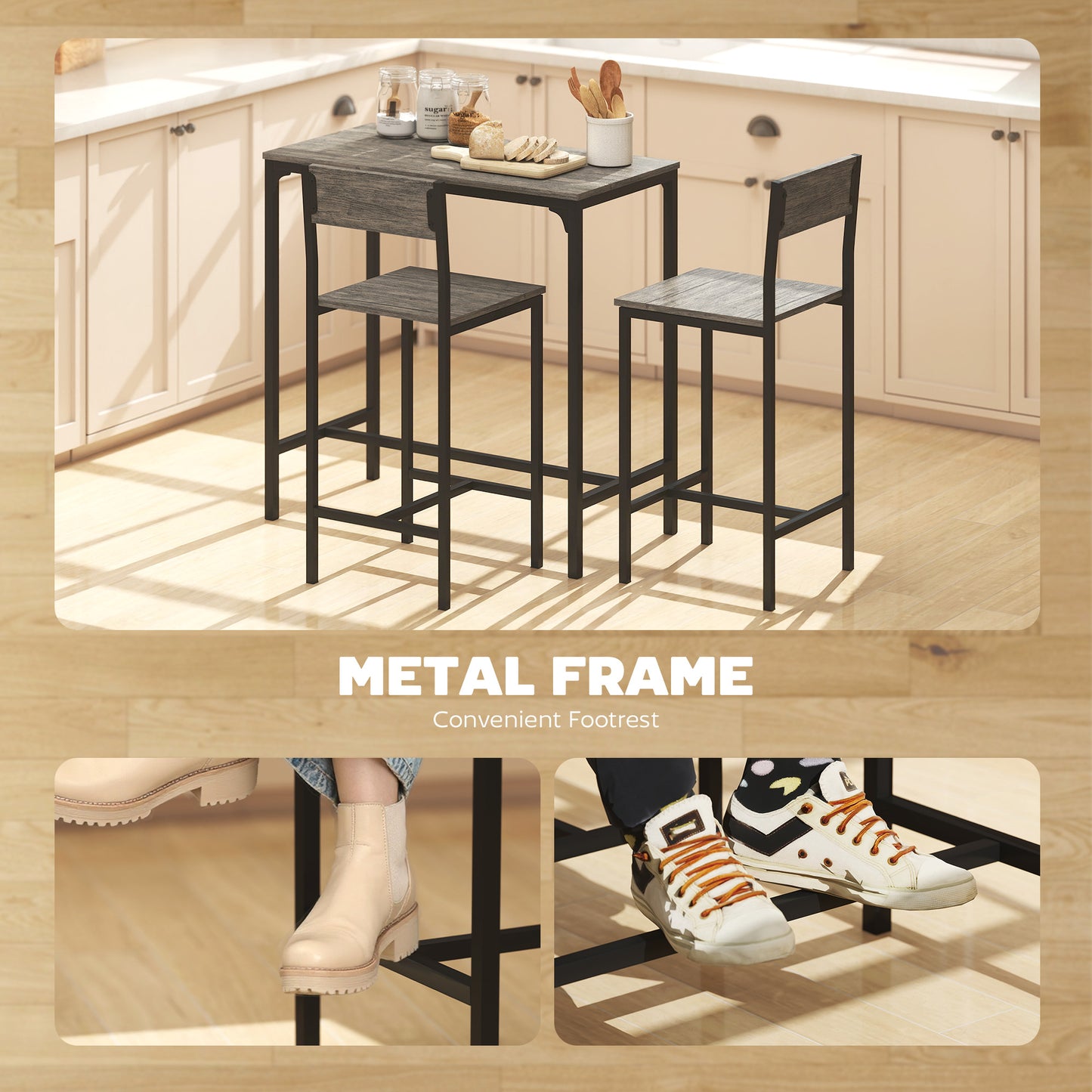 HOMCOM 3-Piece Bar Table Set with 2 Stools, Industrial Breakfast Bar Set with Footrest, Backrest for Dining Room, Small Space