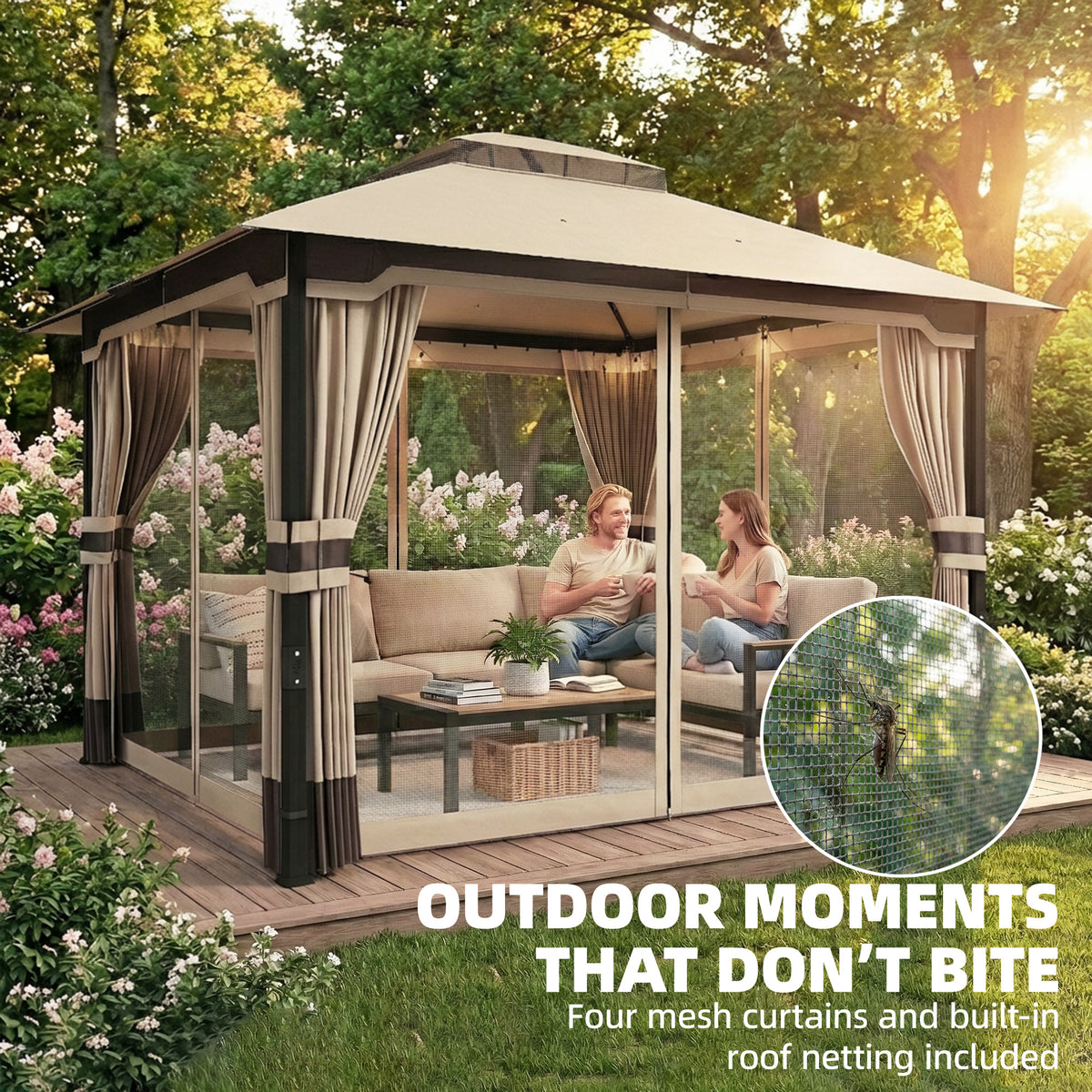 Outsunny 3 x 3.6 m Outdoor Garden Gazebo with Netting and Curtains, Double Roof Patio Gazebo Permanent Pavilion, Khaki