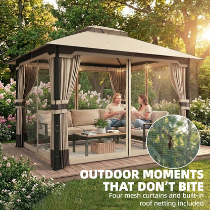 Outsunny 3 x 3.6 m Outdoor Garden Gazebo with Netting and Curtains, Double Roof Patio Gazebo Permanent Pavilion, Khaki