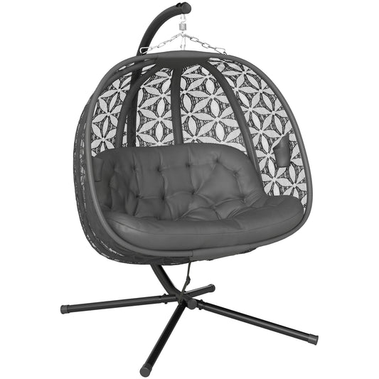 Outsunny Outdoor Double Hanging Chair with Cushion and Cup Holders, Charcoal Grey