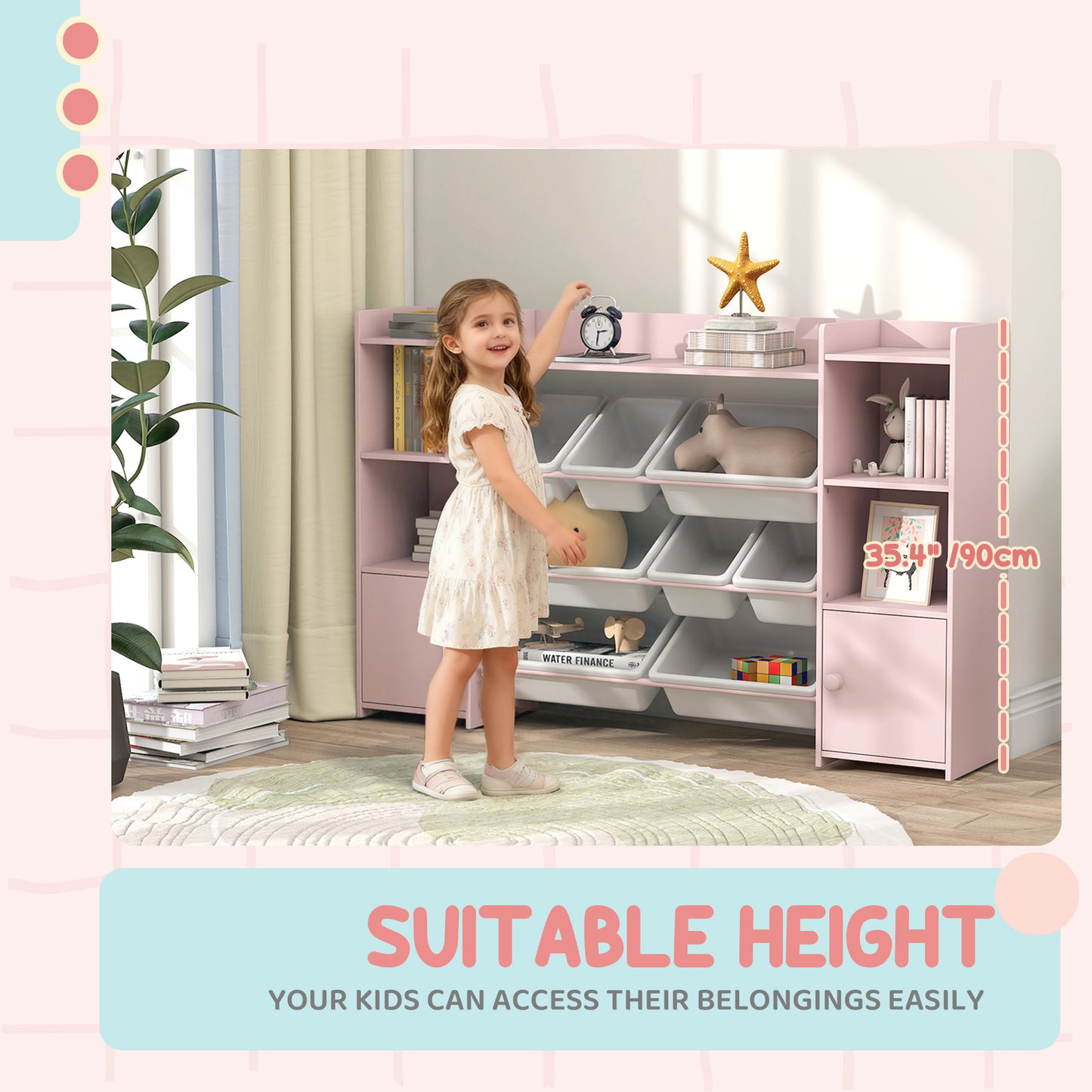 AIYAPLAY Kids Toy Organizers and Storage with 8 Removable Storage Bins and Bookshelf, Pink