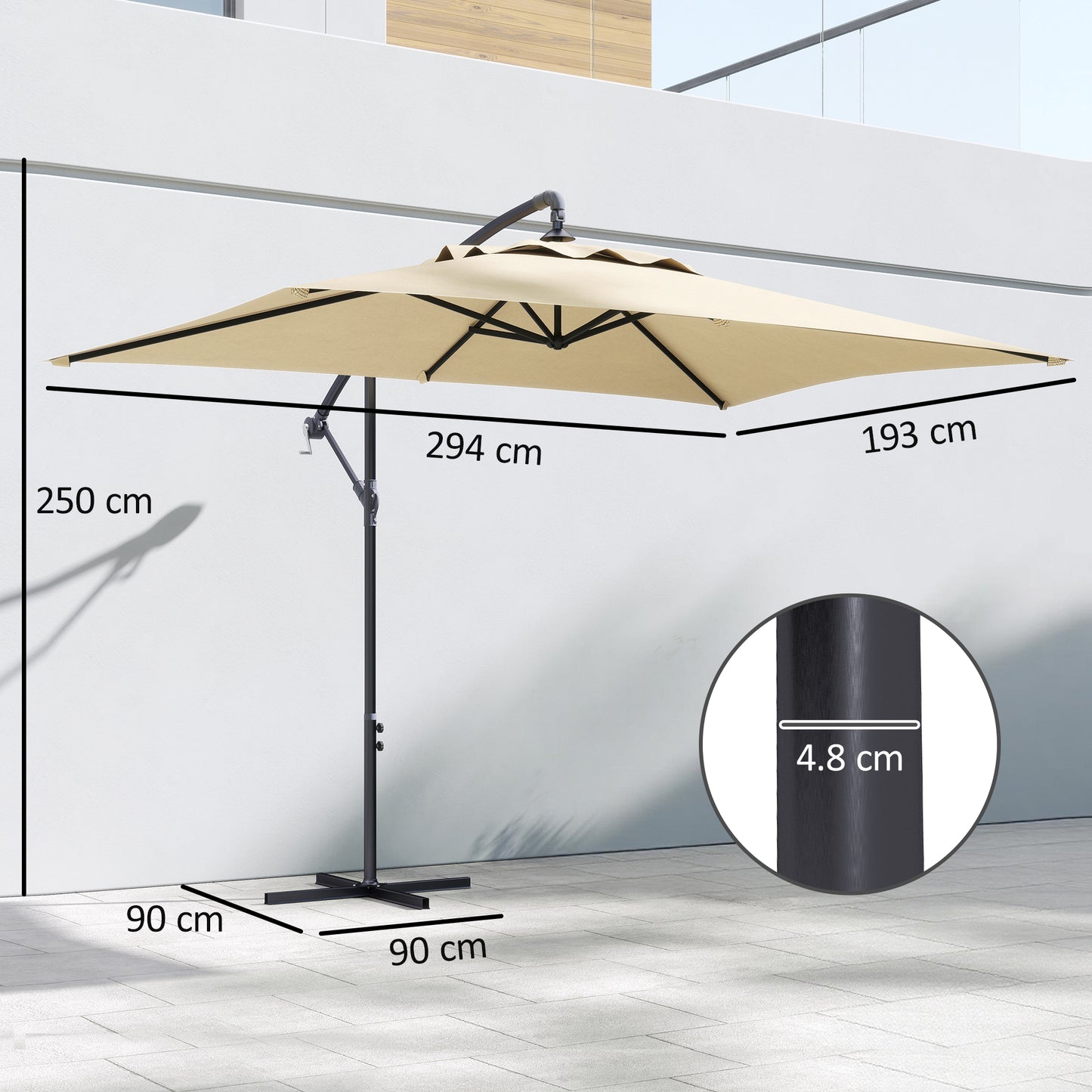 Outsunny 3m Square Canopy Cantilever Parasol, with Cross Base - Beige