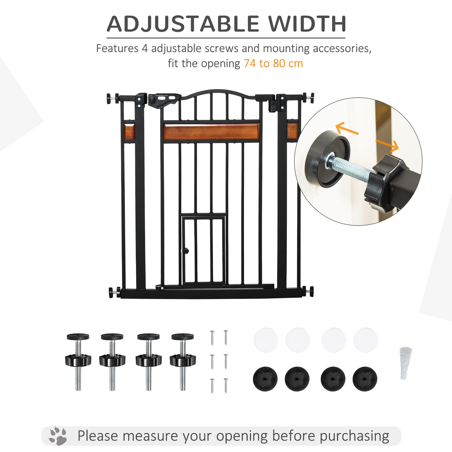 PawHut Pet Gate Safety Gate, with Cat Flap, Auto Close, for Staircases, Doorways, Hallways, 74-80cm Wide - Black--ChewyGames-ChewyGames