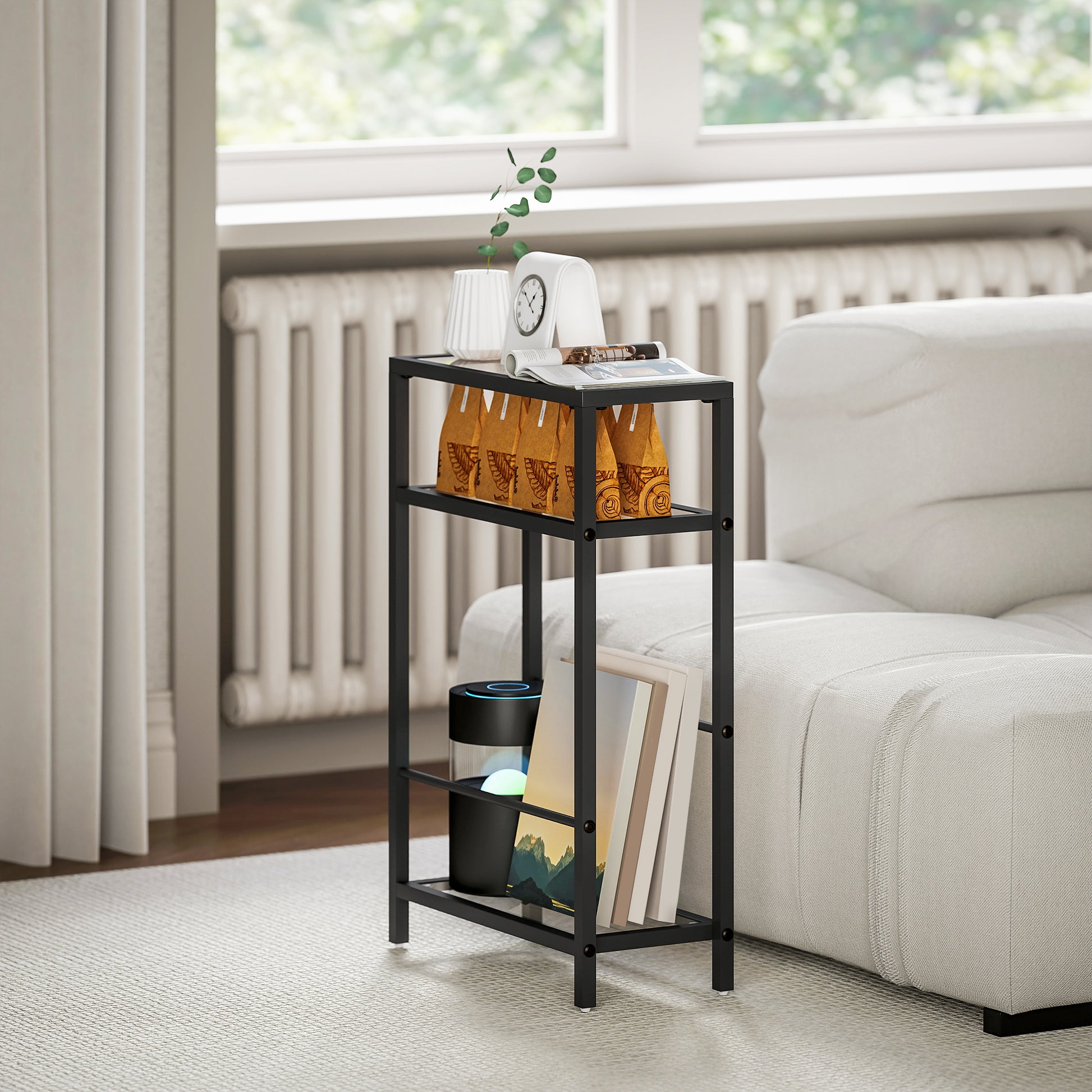 HOMCOM 3-Tier Side Table, Narrow End Table with Storage Shelf and Tempered Glass Tabletop for Small Spaces, Black-End Tables-ChewyGames-ChewyGames