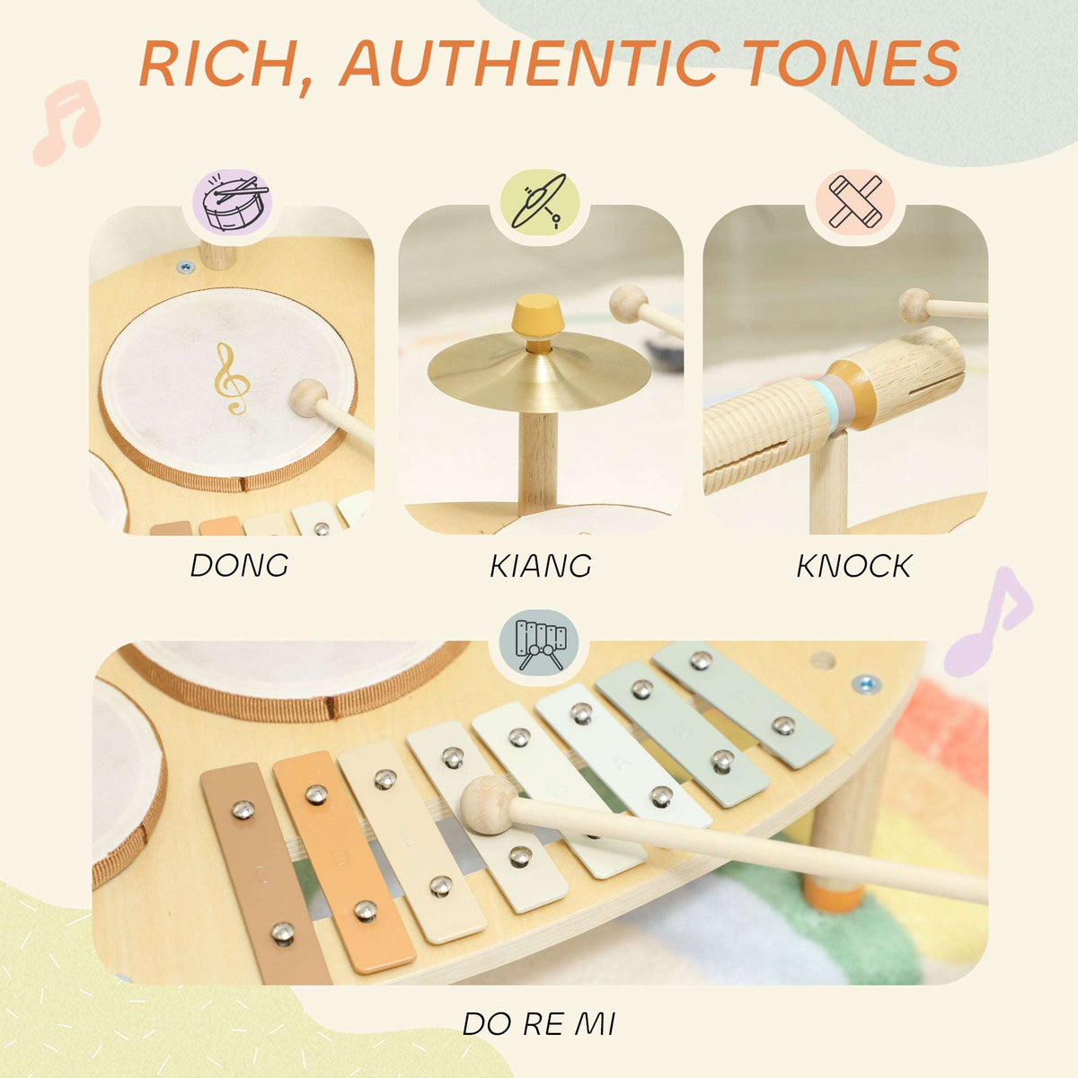AIYAPLAY Baby Drum Kit, Wooden Kids Musical Instruments with Drums and Xylophone, Gifts for Girls Boys Birthday, Natural