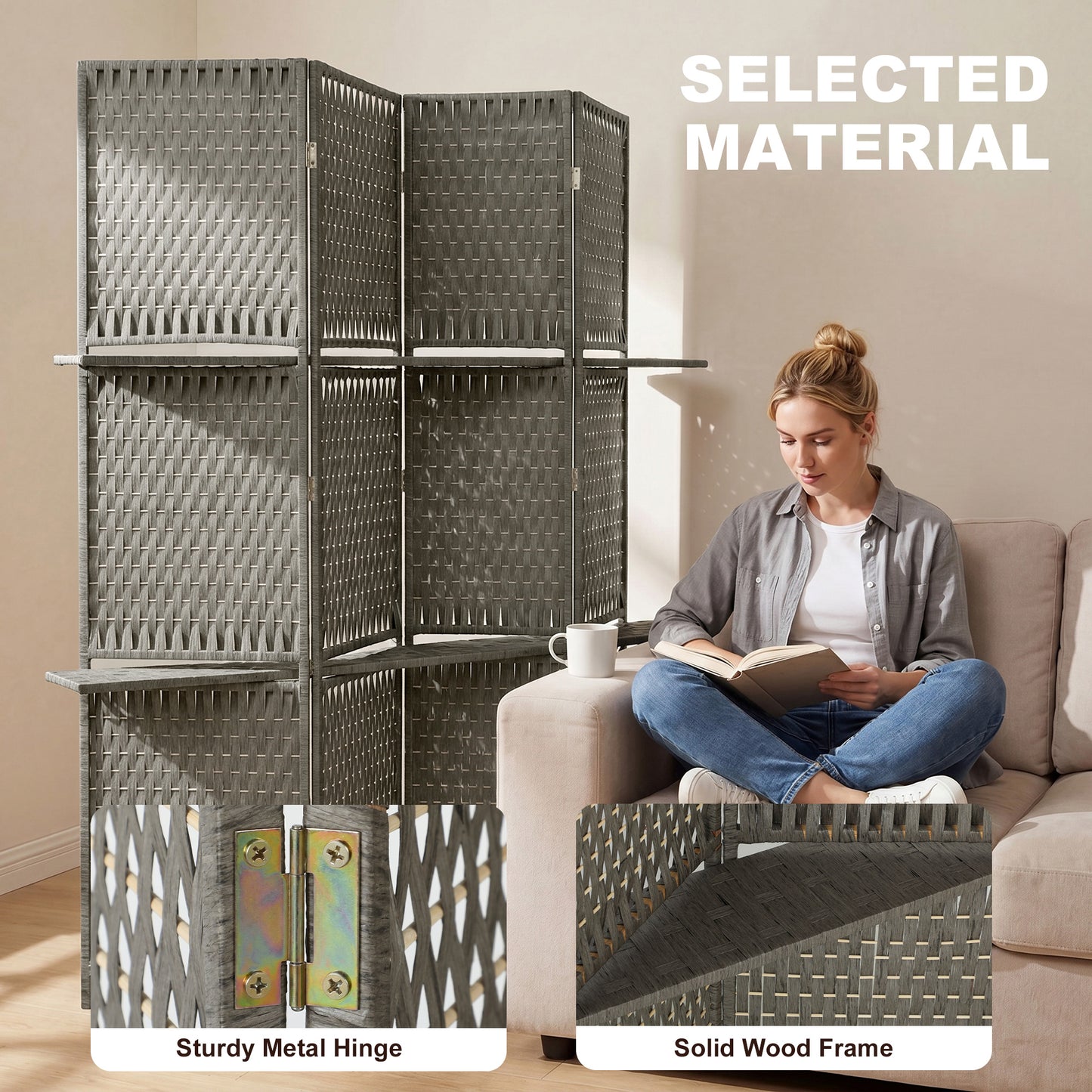 HOMCOM Wave Fibre Freestanding Folding Privacy Screen Panels, Room Divider, Grey