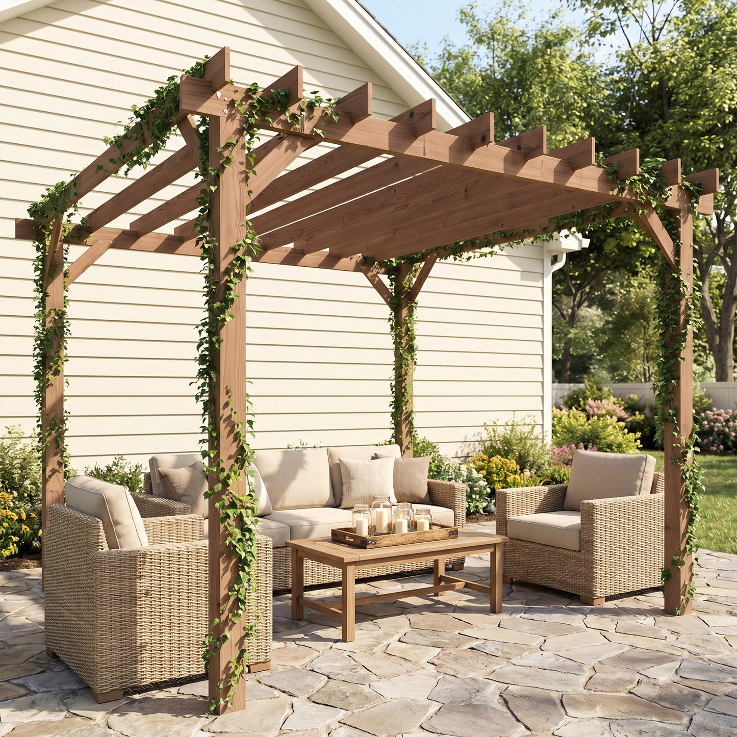 Outsunny 3 x 3 m Wooden Pergola Kit, Garden Pergola Gazebo Grape Trellis with Triangle Supports, Maple Wood-effect