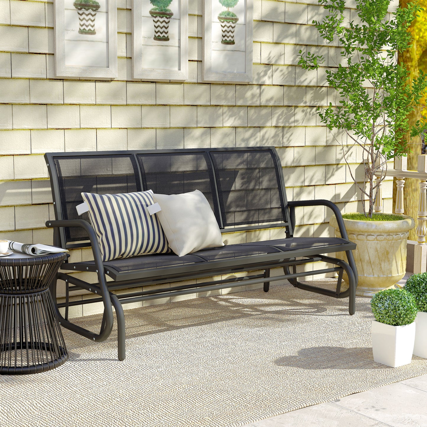 Outsunny 3-Seat Glider Rocking Chair for 3 People Garden Bench Patio Furniture Metal Frame, Black