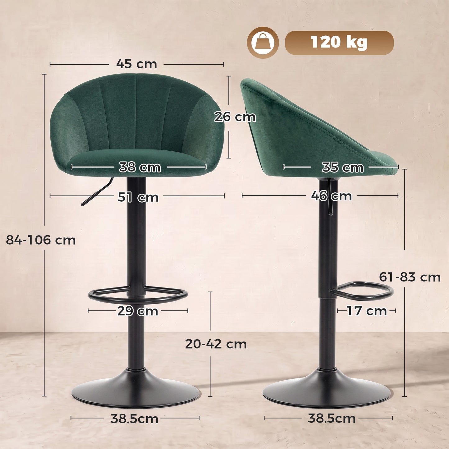 HOMCOM Bar Stools Set of 2 Adjustable Swivel Velvet Breakfast Bar Stools with Backrest, Dark Green
