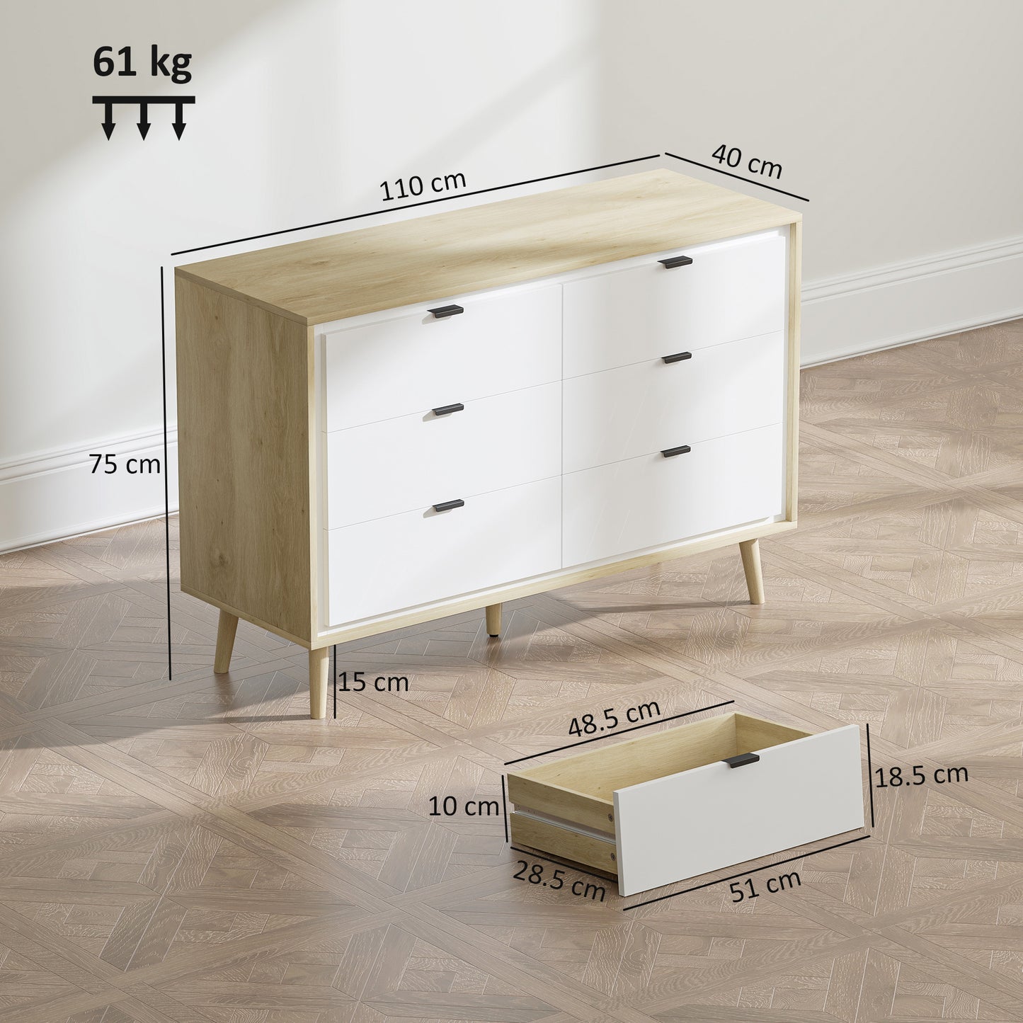 HOMCOM Storage Cabinet, Chest of Drawers with 6  Drawers and 5 Legs for Bedroom,  High Gloss White