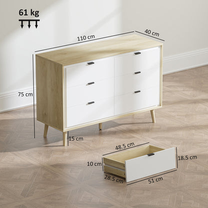 HOMCOM Storage Cabinet, Chest of Drawers with 6  Drawers and 5 Legs for Bedroom,  High Gloss White