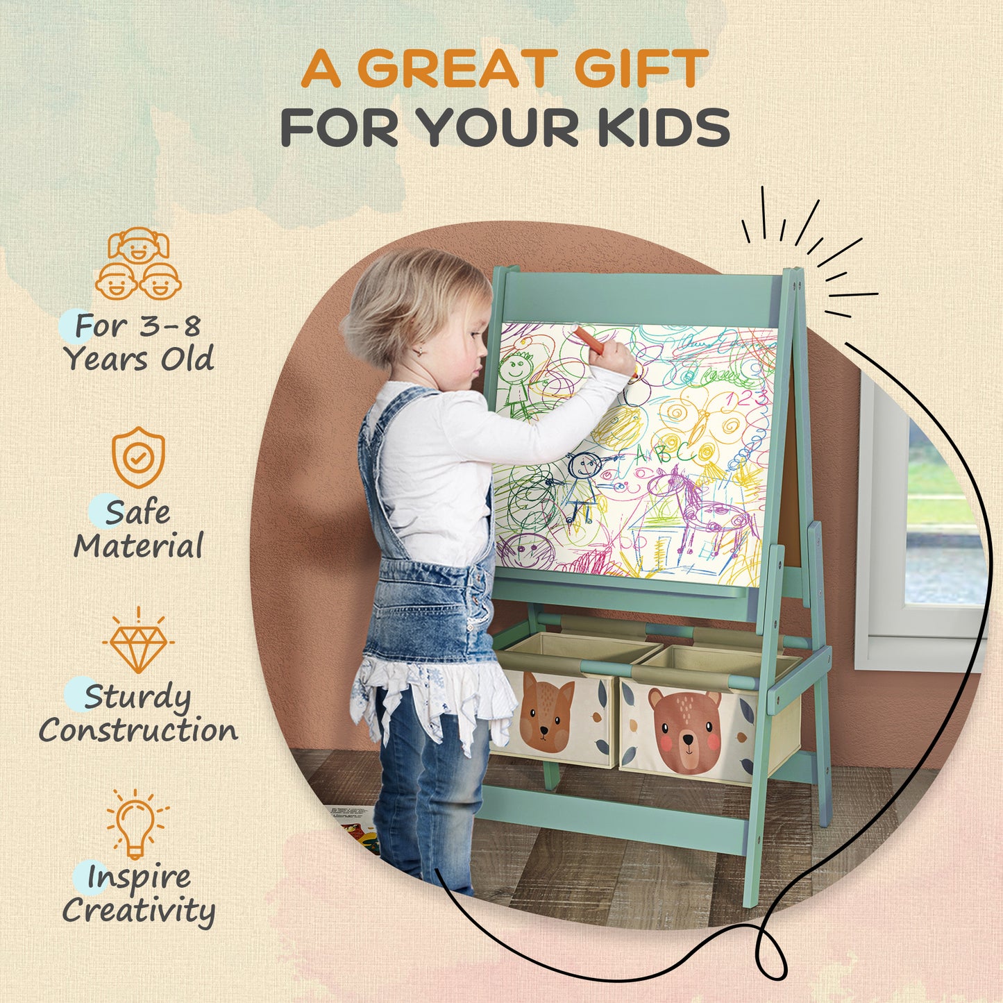 AIYAPLAY Three-In-One Kids Easel with Paper Roll, Art Easel, with Storage - Green--ChewyGames-ChewyGames