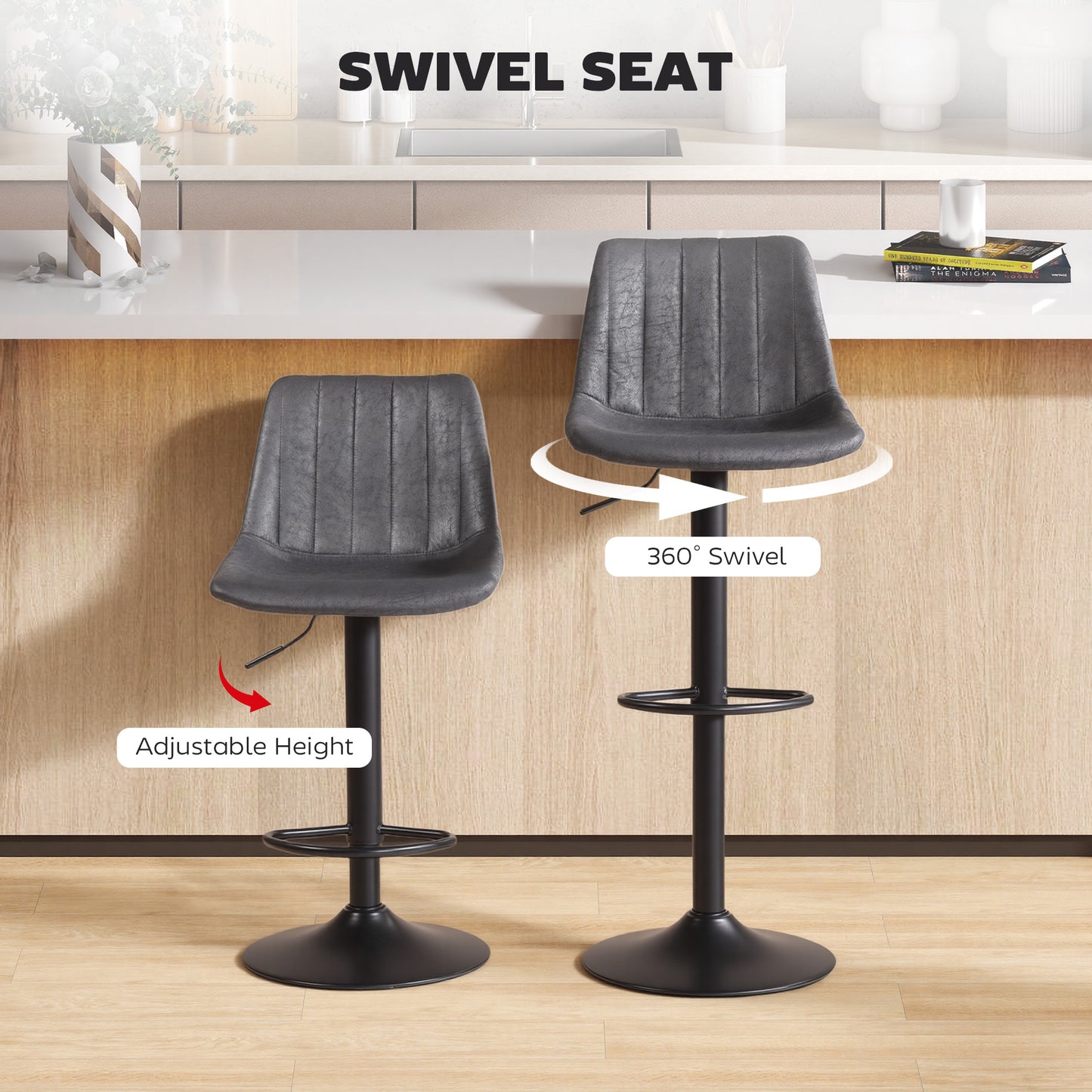 HOMCOM Set of 2 Leathaire Tub Bar Stools -  Charcoal Grey