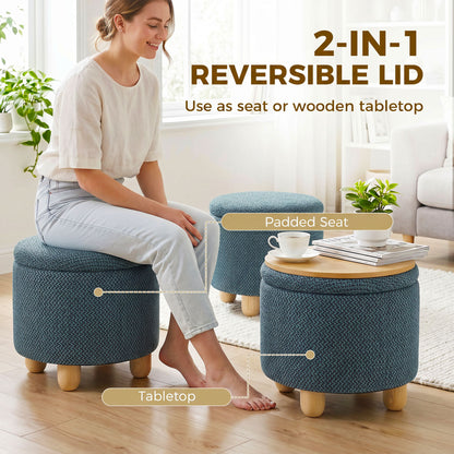 HOMCOM Storage Sitting Bench with Lid, Round Storage Ottoman with Rubberwood Legs, Dark Blue