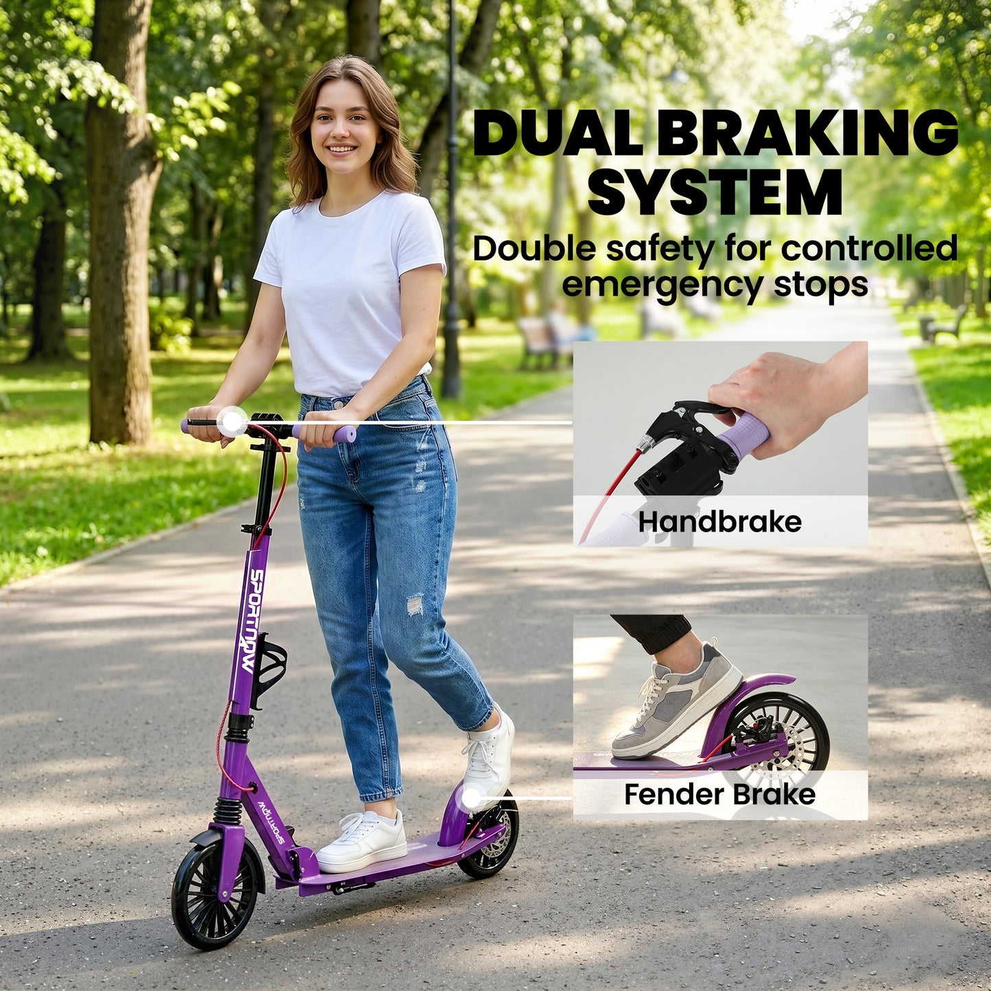 SPORTNOW Foldable Kick Scooter with Height Adjustable Handlebar, One-click Folding Adult Scooters with 200 mm Big Wheels, Purple